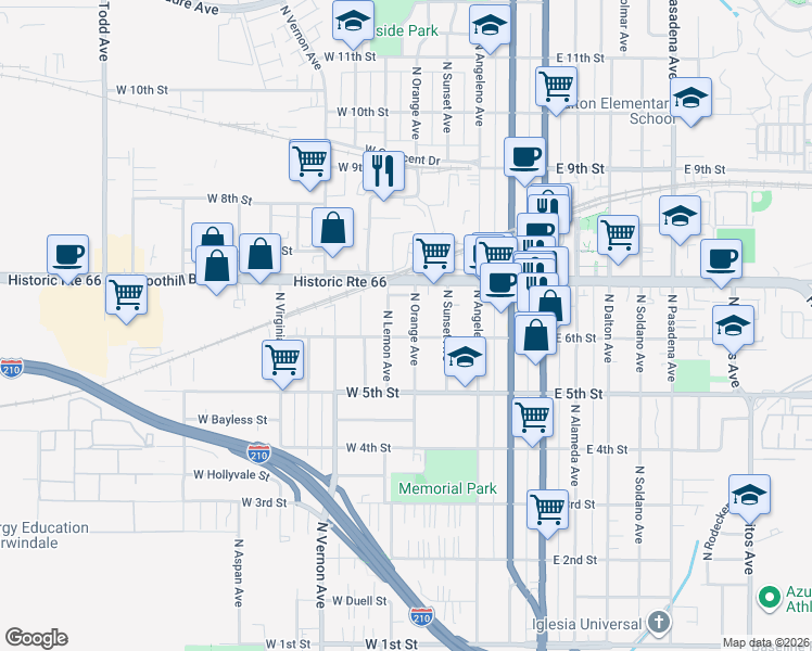 map of restaurants, bars, coffee shops, grocery stores, and more near 622 North Lemon Avenue in Azusa