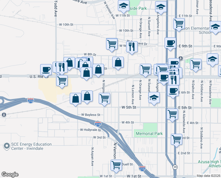 map of restaurants, bars, coffee shops, grocery stores, and more near 809 East Santa Fe Avenue in Azusa