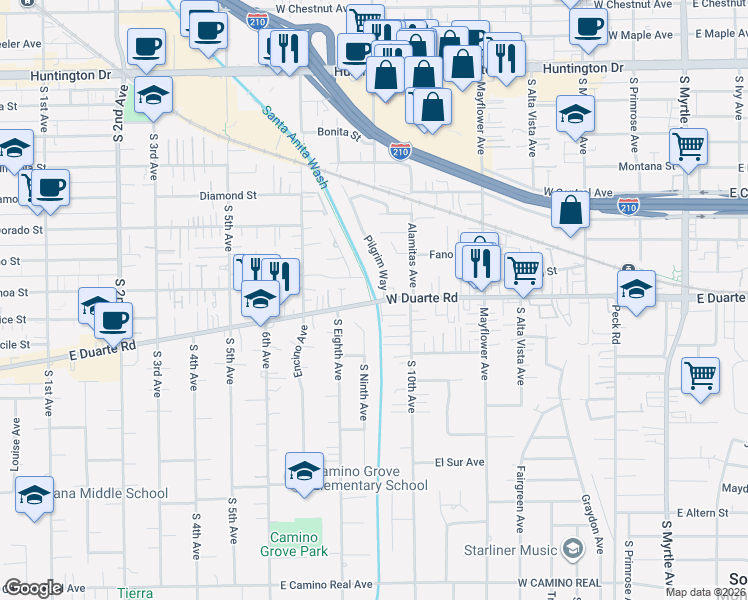 map of restaurants, bars, coffee shops, grocery stores, and more near 1729 Pilgrim Way in Monrovia