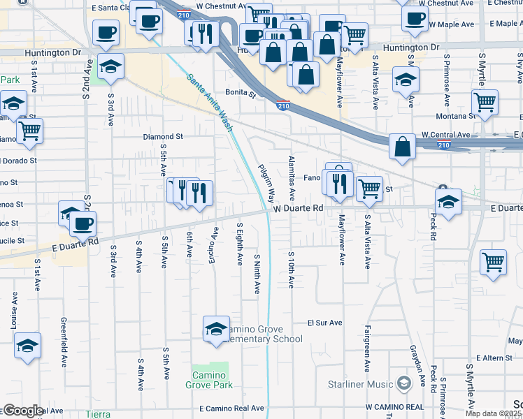 map of restaurants, bars, coffee shops, grocery stores, and more near 1729 Pilgrim Way in Monrovia