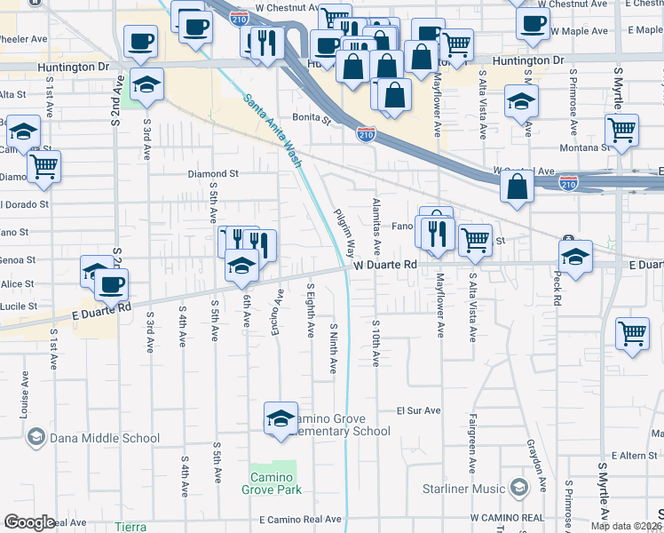 map of restaurants, bars, coffee shops, grocery stores, and more near 1729 Pilgrim Way in Monrovia