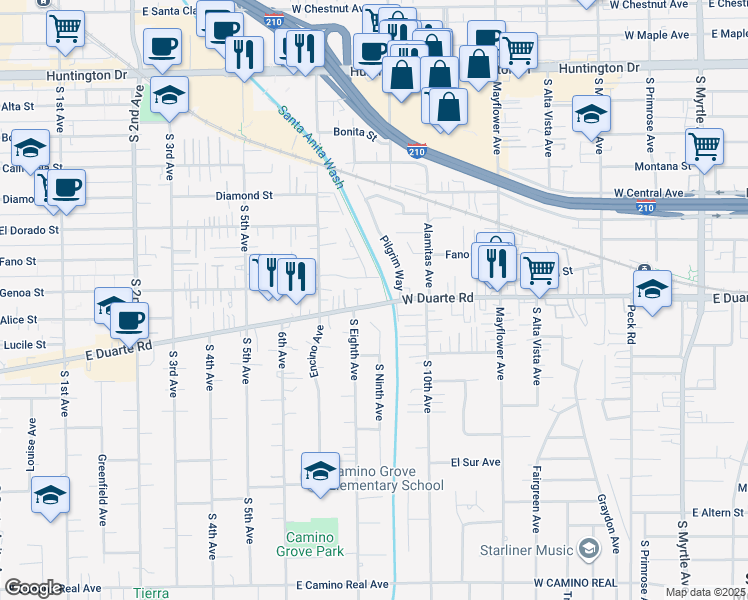 map of restaurants, bars, coffee shops, grocery stores, and more near 725 West Duarte Road in Monrovia