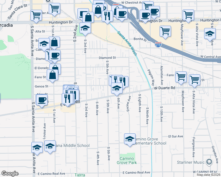 map of restaurants, bars, coffee shops, grocery stores, and more near 943 Genoa Street in Monrovia