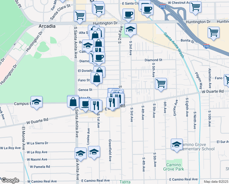 map of restaurants, bars, coffee shops, grocery stores, and more near 151 Genoa Street in Arcadia