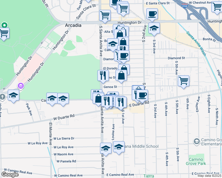 map of restaurants, bars, coffee shops, grocery stores, and more near 15 Genoa Street in Arcadia
