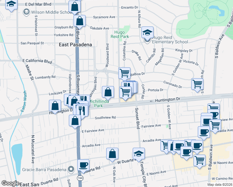 map of restaurants, bars, coffee shops, grocery stores, and more near 821 South Michillinda Avenue in Pasadena