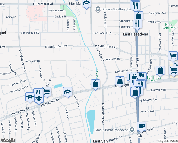 map of restaurants, bars, coffee shops, grocery stores, and more near 900 Chapea Road in Pasadena