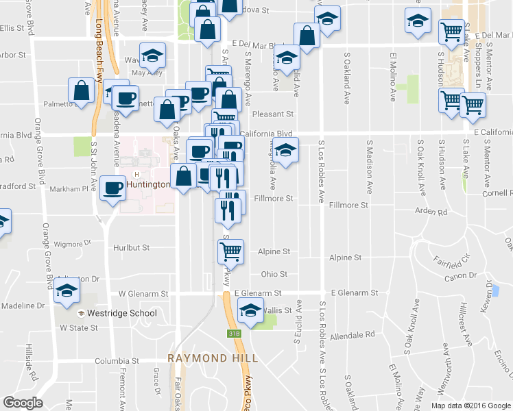 map of restaurants, bars, coffee shops, grocery stores, and more near 773 South Marengo Avenue in Pasadena