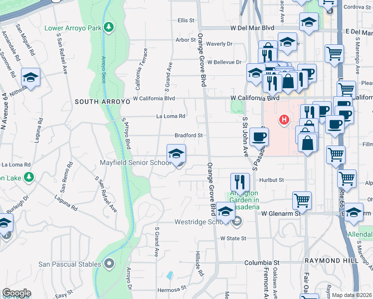 map of restaurants, bars, coffee shops, grocery stores, and more near 499 Bellefontaine Street in Pasadena