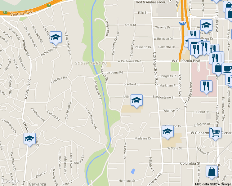 map of restaurants, bars, coffee shops, grocery stores, and more near 658 Bradford Street in Pasadena