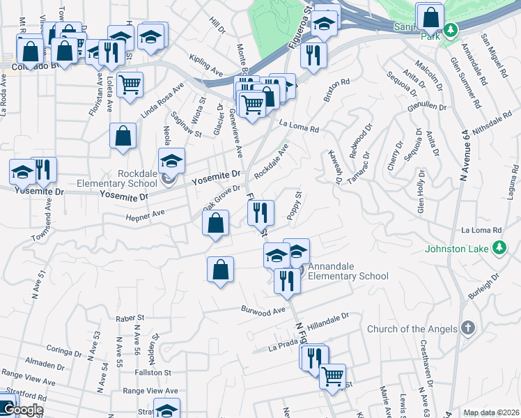 map of restaurants, bars, coffee shops, grocery stores, and more near 7149 North Figueroa Street in Los Angeles