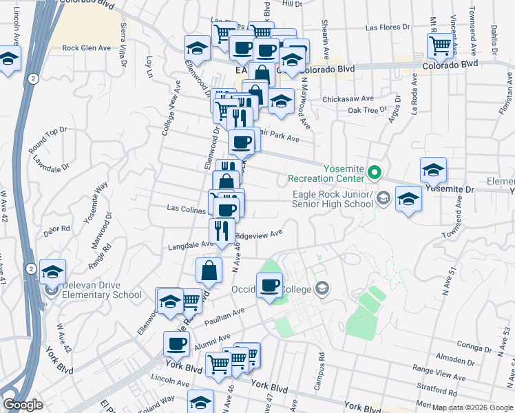 map of restaurants, bars, coffee shops, grocery stores, and more near 2133 Norwalk Avenue in Los Angeles
