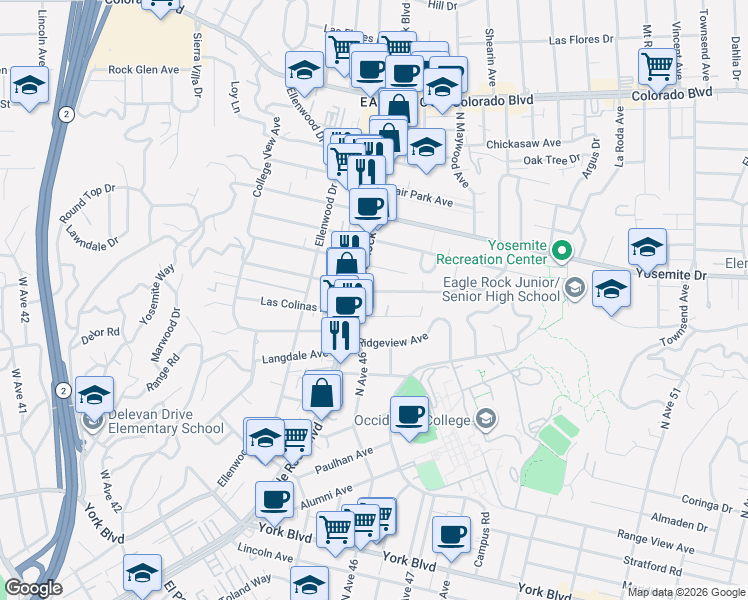 map of restaurants, bars, coffee shops, grocery stores, and more near 2133 Norwalk Avenue in Los Angeles