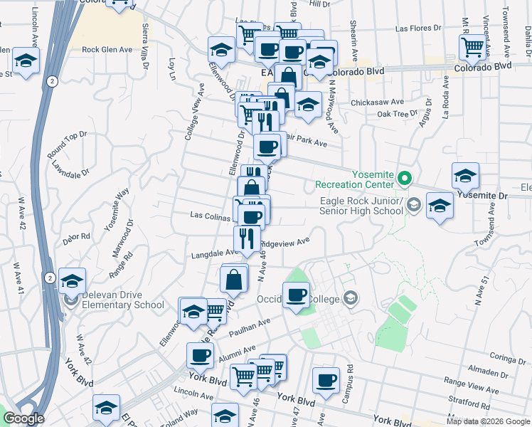 map of restaurants, bars, coffee shops, grocery stores, and more near 2133 Norwalk Avenue in Los Angeles