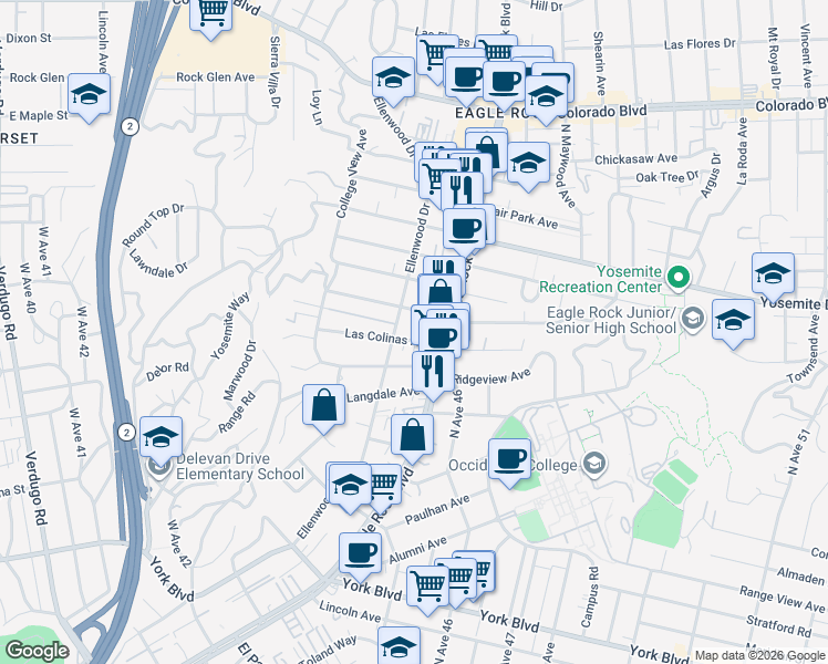 map of restaurants, bars, coffee shops, grocery stores, and more near 4760 Ellenwood Drive in Los Angeles