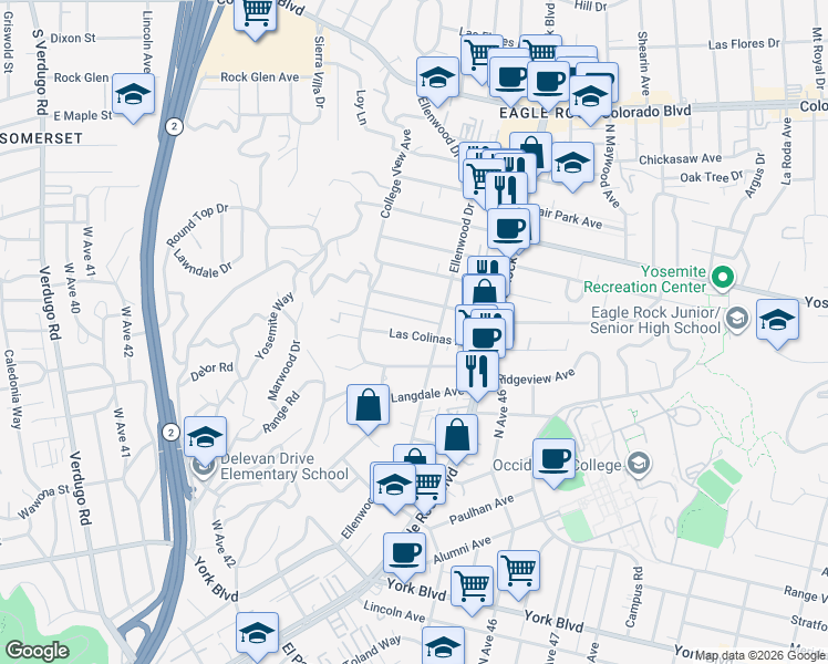 map of restaurants, bars, coffee shops, grocery stores, and more near 2335 Las Colinas Avenue in Los Angeles