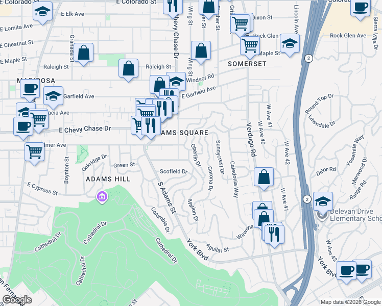 map of restaurants, bars, coffee shops, grocery stores, and more near 1206 East Palmer Avenue in Glendale
