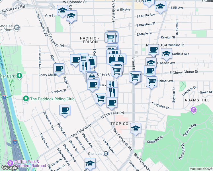map of restaurants, bars, coffee shops, grocery stores, and more near 315 West Palmer Avenue in Glendale