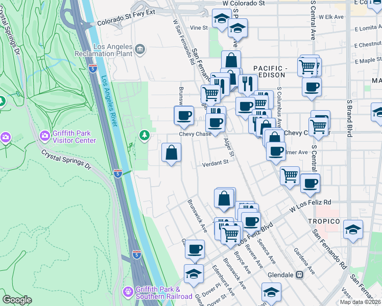 map of restaurants, bars, coffee shops, grocery stores, and more near 4343 Perlita Avenue in Los Angeles