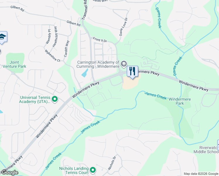 map of restaurants, bars, coffee shops, grocery stores, and more near 3835 Windermere Parkway in Cumming