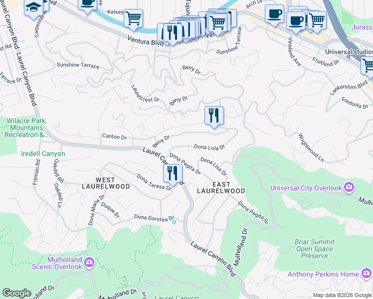 map of restaurants, bars, coffee shops, grocery stores, and more near 11345 Dona Lola Drive in Los Angeles