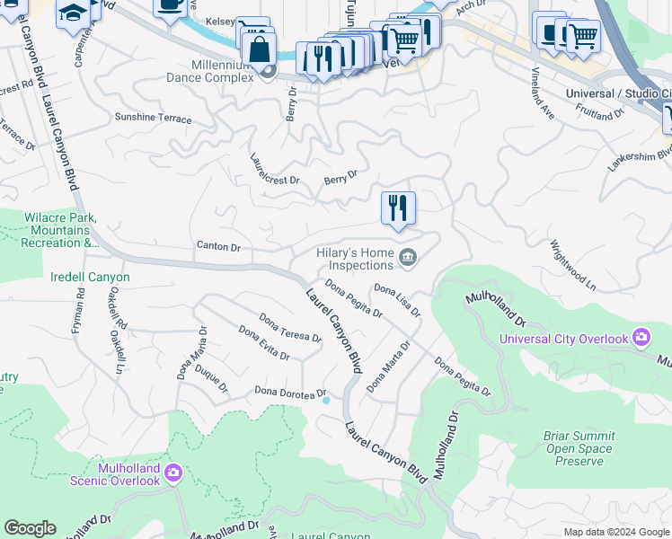 map of restaurants, bars, coffee shops, grocery stores, and more near 11418 Dona Lola Drive in Los Angeles