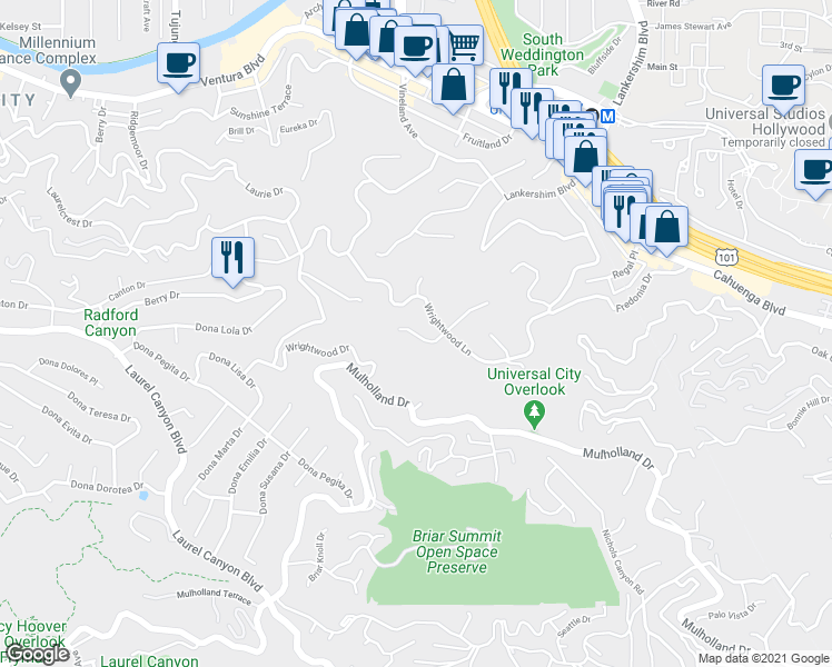 map of restaurants, bars, coffee shops, grocery stores, and more near 10929 Alta View Drive in Los Angeles