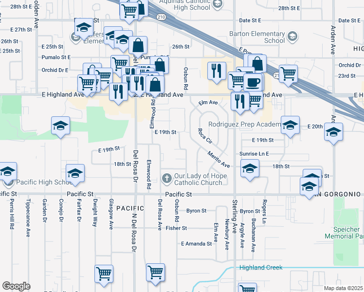 map of restaurants, bars, coffee shops, grocery stores, and more near 6707 Osbun Road in San Bernardino