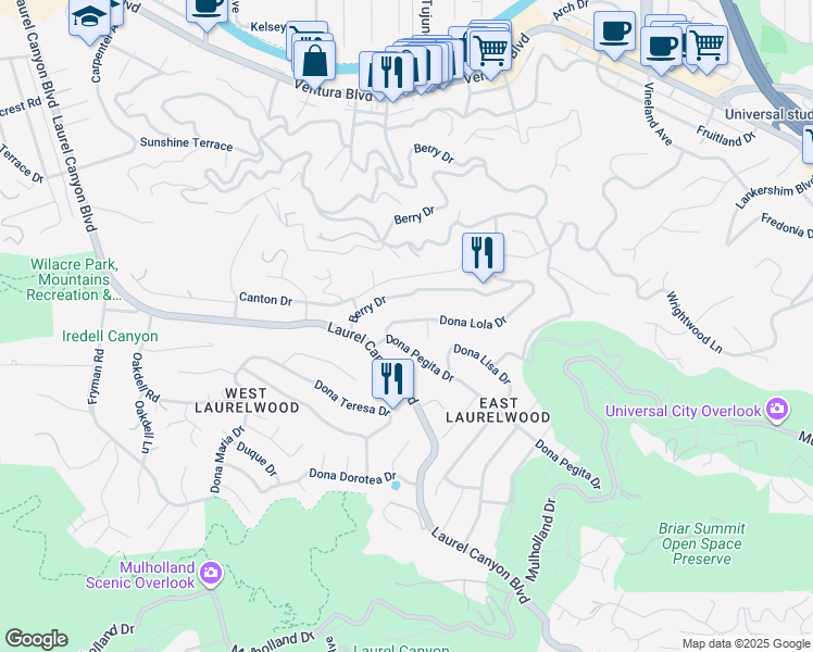 map of restaurants, bars, coffee shops, grocery stores, and more near 11418 Dona Lola Drive in Los Angeles