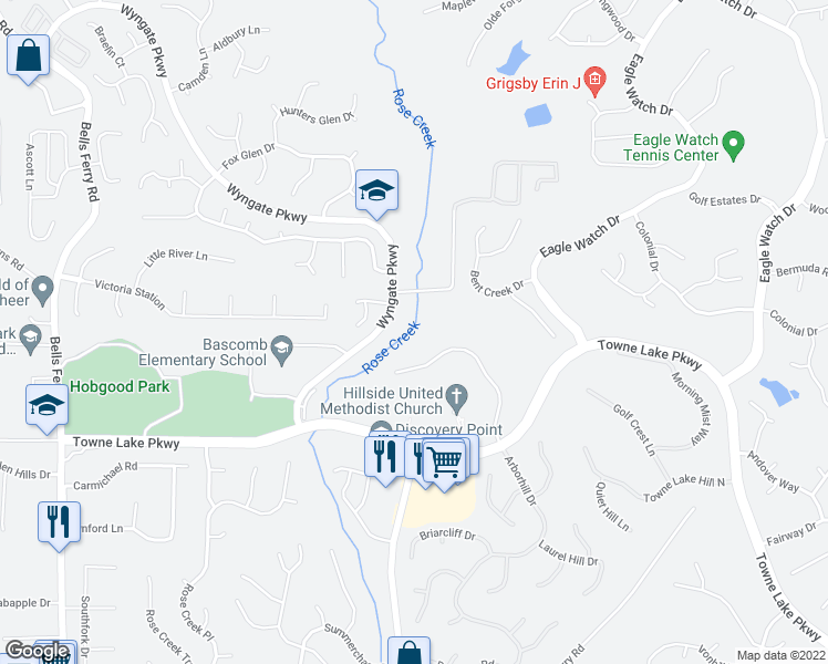 map of restaurants, bars, coffee shops, grocery stores, and more near 101 Stuart Place in Woodstock