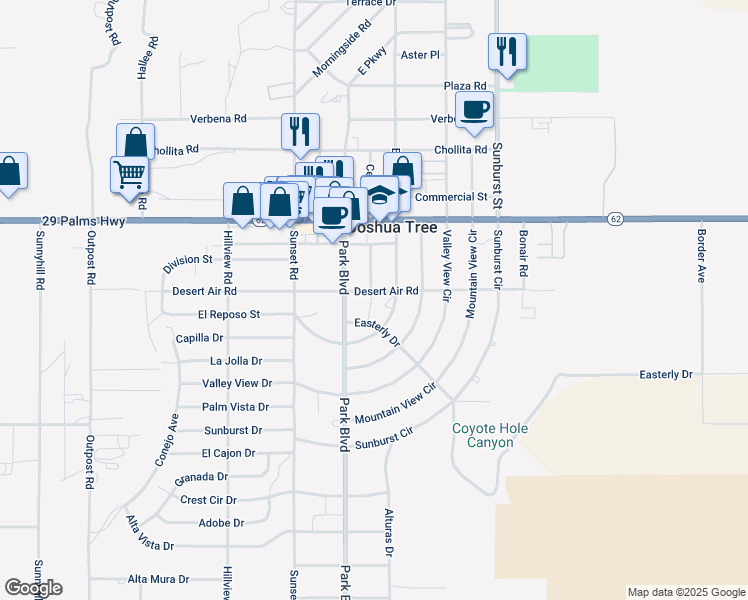 map of restaurants, bars, coffee shops, grocery stores, and more near 61859 Desert Air Road in Joshua Tree
