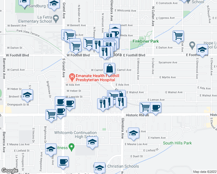map of restaurants, bars, coffee shops, grocery stores, and more near in Glendora
