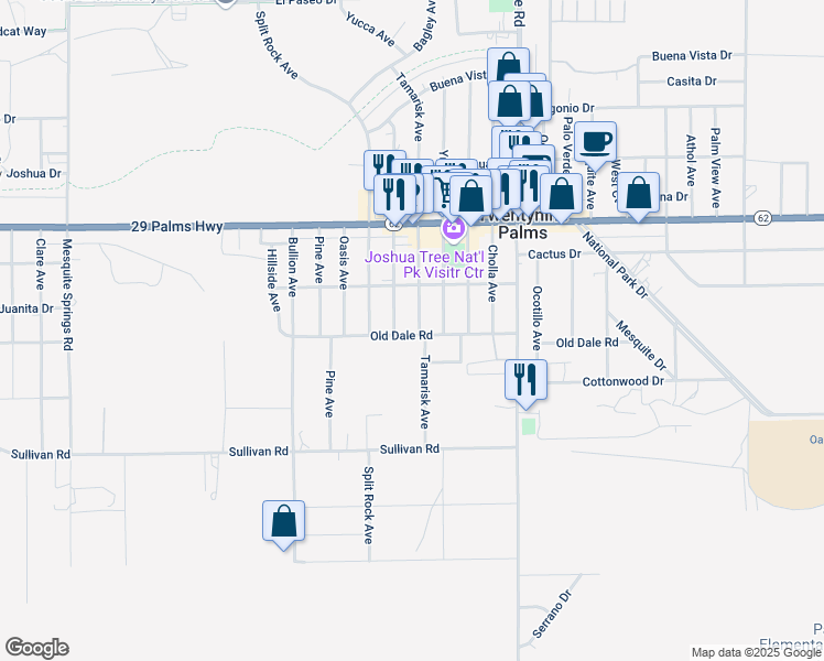 map of restaurants, bars, coffee shops, grocery stores, and more near 6694 Tamarisk Avenue in Twentynine Palms