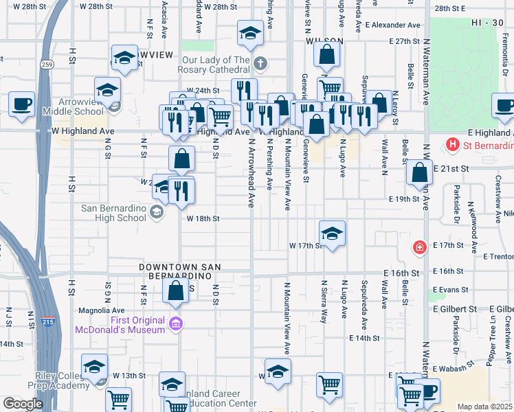 map of restaurants, bars, coffee shops, grocery stores, and more near 1897 North Arrowhead Avenue in San Bernardino