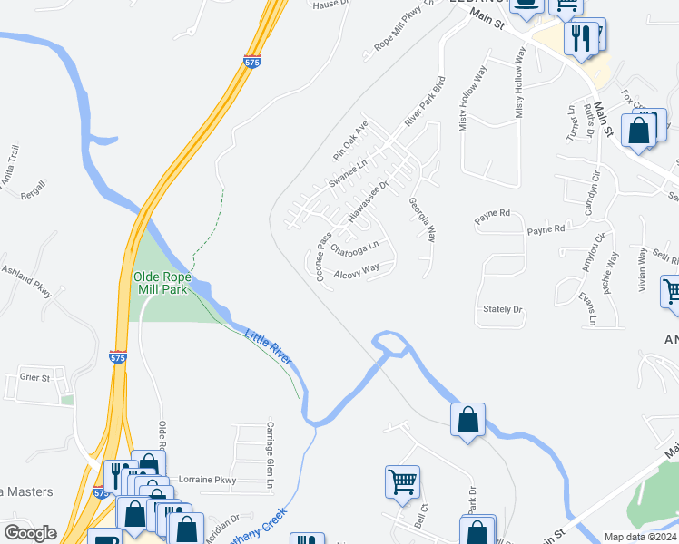 map of restaurants, bars, coffee shops, grocery stores, and more near 311 Alcovy Way in Woodstock