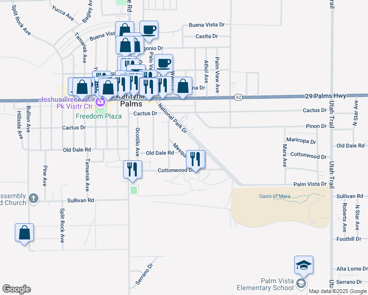 map of restaurants, bars, coffee shops, grocery stores, and more near 6735 Mesquite Drive in Twentynine Palms