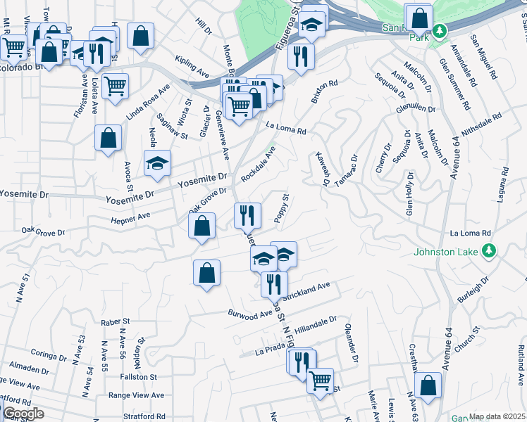 map of restaurants, bars, coffee shops, grocery stores, and more near 6130 Buena Vista Terrace in Los Angeles