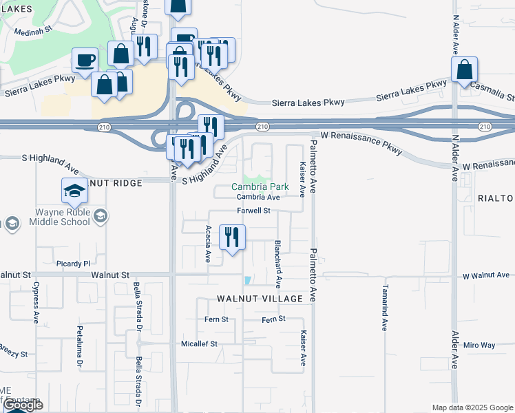 map of restaurants, bars, coffee shops, grocery stores, and more near 17140 Farwell Street in Fontana