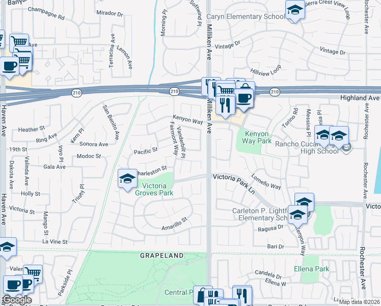 map of restaurants, bars, coffee shops, grocery stores, and more near 11257 Bethany Drive in Rancho Cucamonga