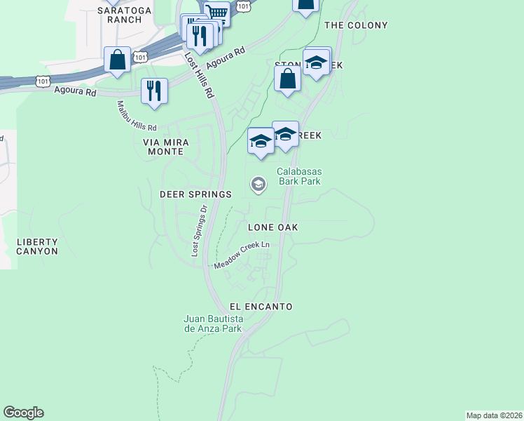 map of restaurants, bars, coffee shops, grocery stores, and more near 3796 Ceanothus Place in Calabasas