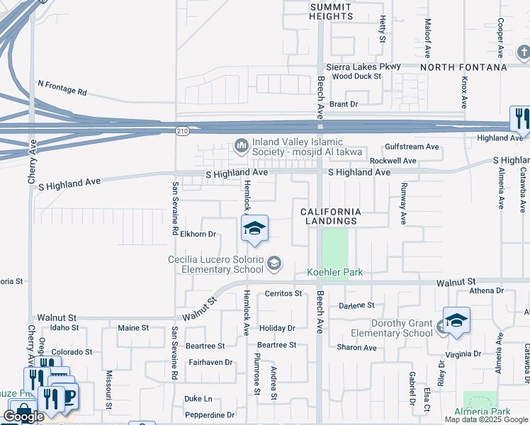map of restaurants, bars, coffee shops, grocery stores, and more near 15146 Wright Court in Fontana