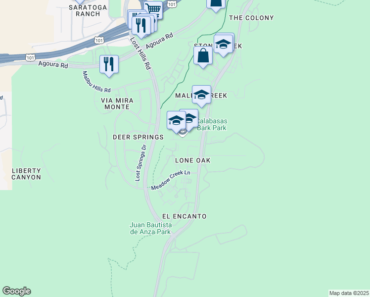 map of restaurants, bars, coffee shops, grocery stores, and more near 3796 Ceanothus Place in Calabasas