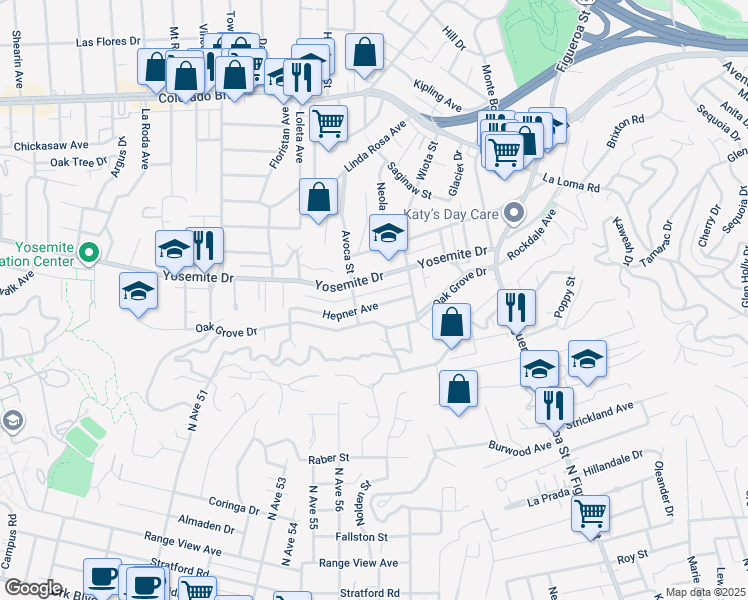 map of restaurants, bars, coffee shops, grocery stores, and more near 1347 Hepner Avenue in Los Angeles