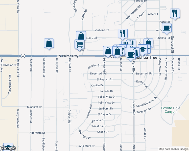map of restaurants, bars, coffee shops, grocery stores, and more near 61498 Desert Air Road in Joshua Tree
