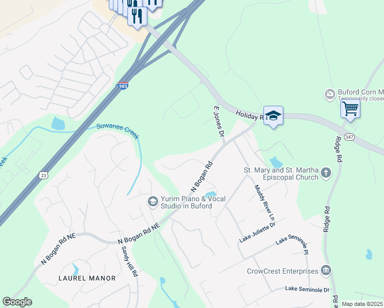 map of restaurants, bars, coffee shops, grocery stores, and more near 3616 Bogan Springs Drive in Buford