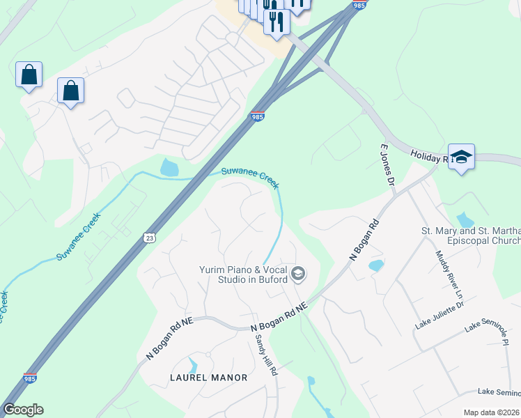 map of restaurants, bars, coffee shops, grocery stores, and more near 4800 Point Rock Drive in Buford