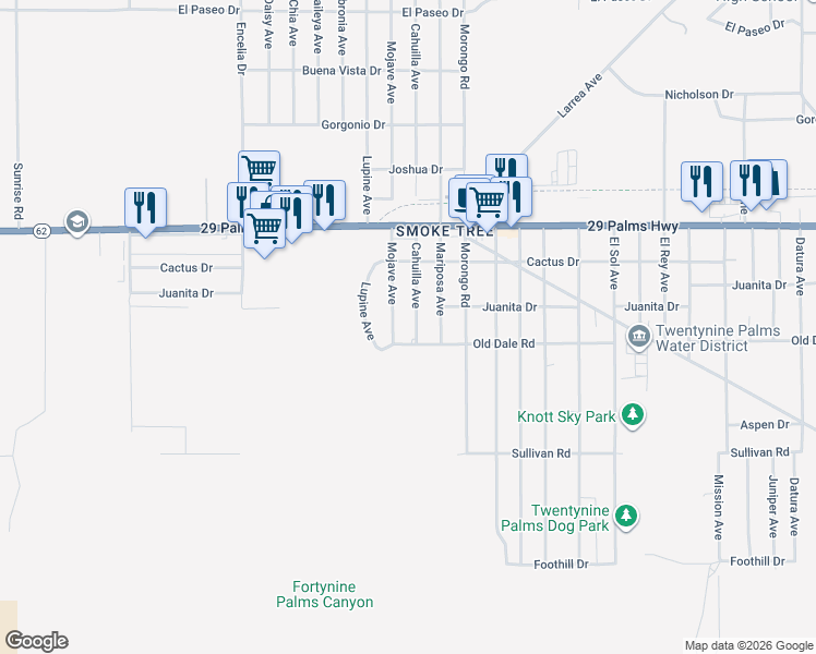 map of restaurants, bars, coffee shops, grocery stores, and more near 6676 Cahuilla Avenue in Twentynine Palms