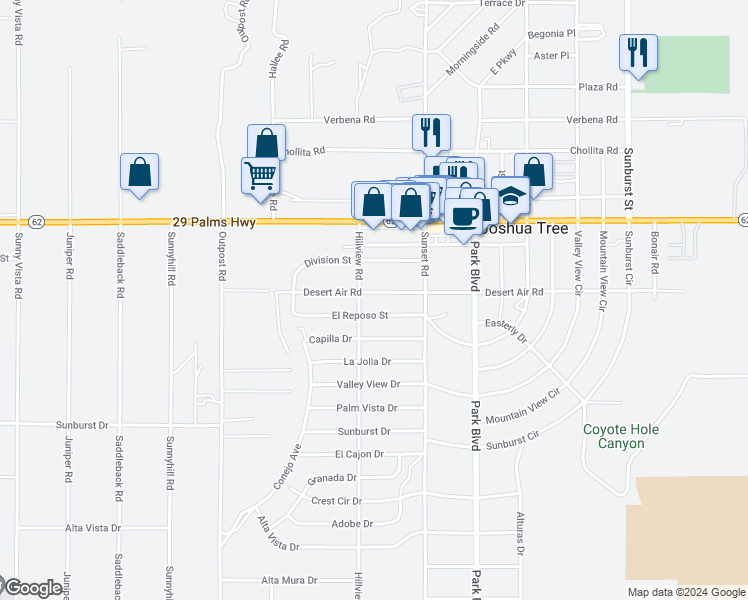 map of restaurants, bars, coffee shops, grocery stores, and more near 61601 Desert Air Road in Joshua Tree