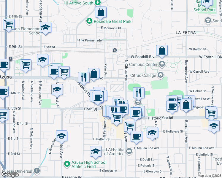 map of restaurants, bars, coffee shops, grocery stores, and more near West Drive in Azusa