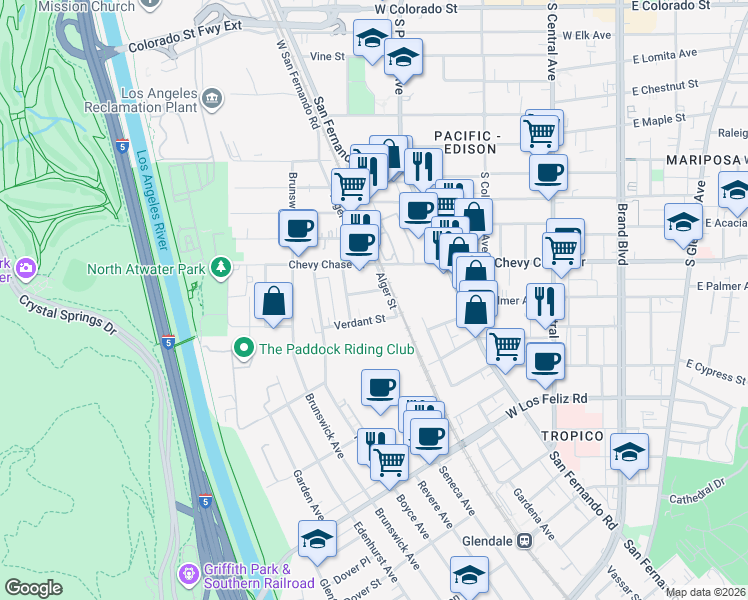 map of restaurants, bars, coffee shops, grocery stores, and more near 4202 Willimet Avenue in Los Angeles